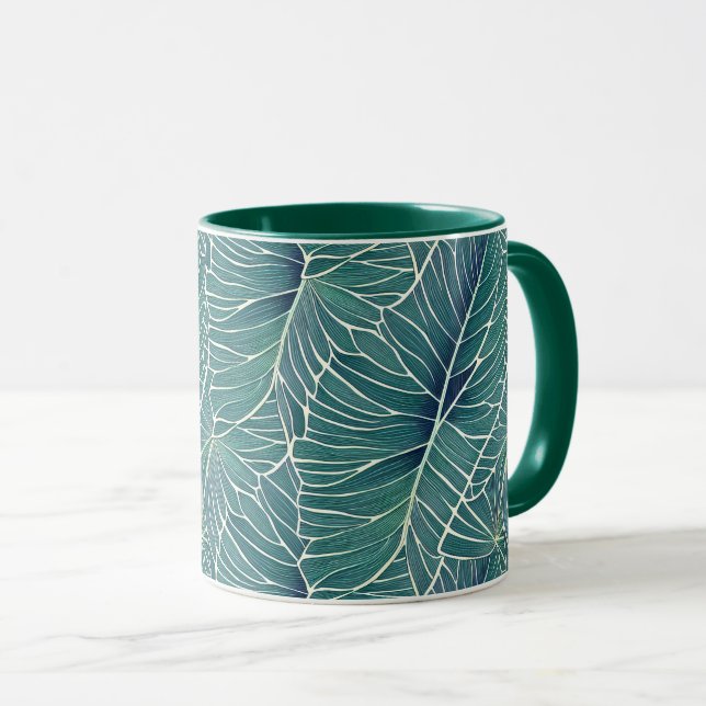 Watercolor Blue Green Teal Tropical Leaves Pattern Mug (Front Right)