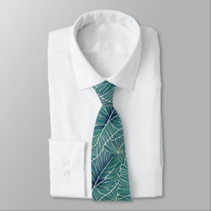 Watercolor Blue Green Teal Tropical Leaves Pattern Neck Tie