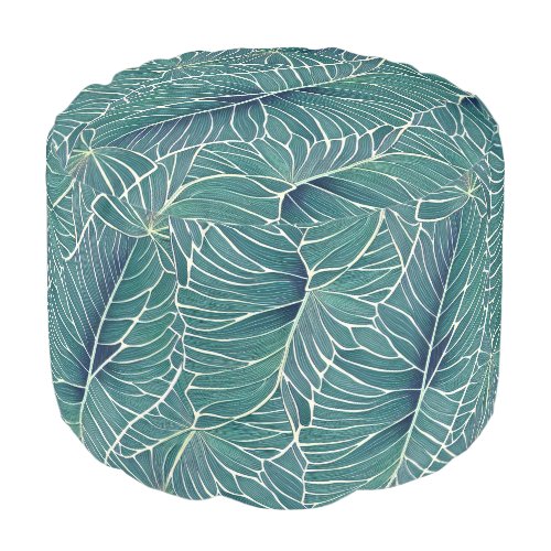 Watercolor Blue Green Teal Tropical Leaves Pattern Pouf