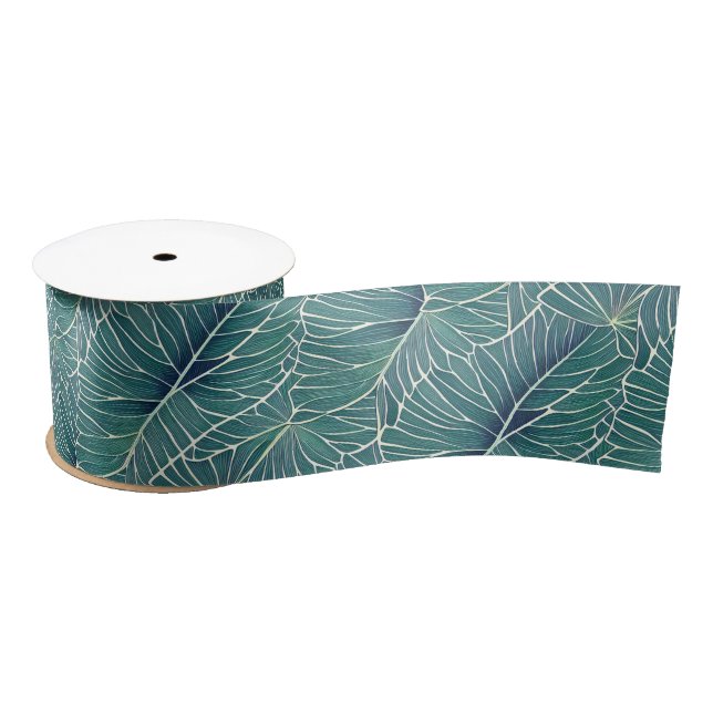 Watercolor Blue Green Teal Tropical Leaves Pattern Satin Ribbon (Spool)