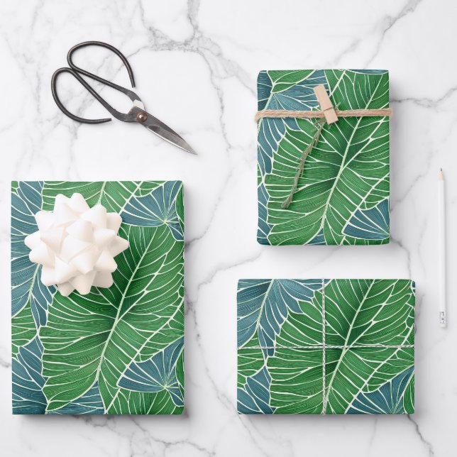 Watercolor Blue Green Teal Tropical Leaves Pattern Wrapping Paper Sheets (Front)