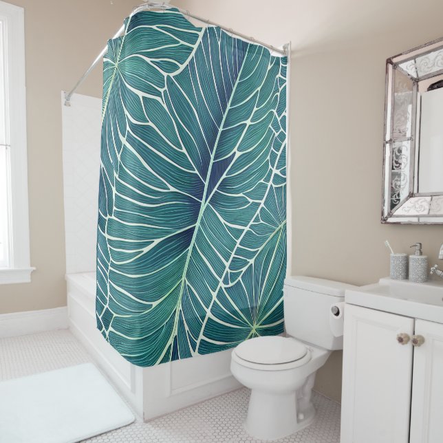 Watercolor Blue Green Teal Tropical Leaves Shower Curtain (In Situ)