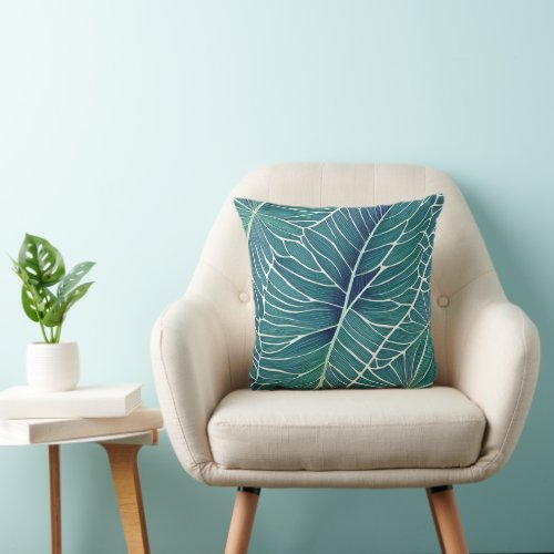 Watercolor Blue Green Teal Tropical Leaves Throw Pillow