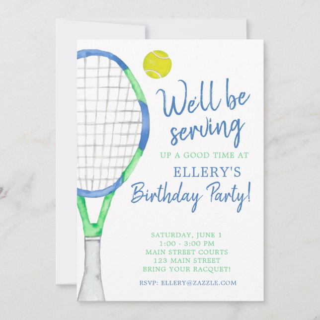 Watercolor Blue & Green Tennis Party Invitations (Front)