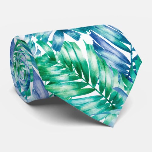 Watercolor Blue Green Tropical Palm Tree Neck Tie