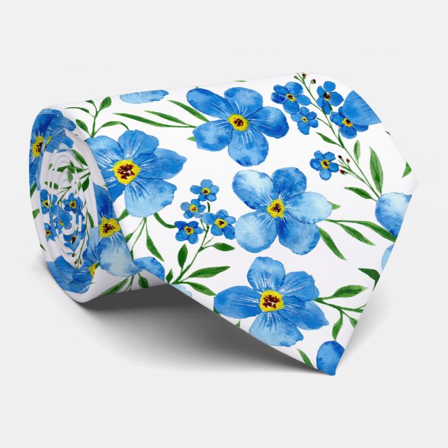 Watercolor Blue Greenery Floral Pattern Neck Tie (Rolled)