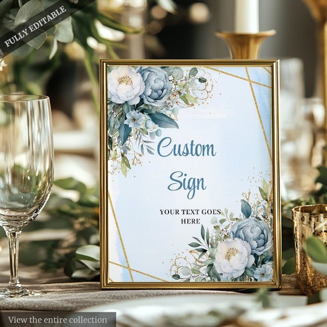 Watercolor Blue Greenery Gold Glitter Wedding Sign (Watercolor Blue Greenery Gold Glitter Wedding Sign)