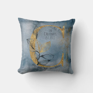 Watercolor Blue Grey Gold C Monogram Throw Pillow