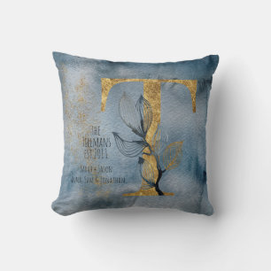 Watercolor Blue Grey Gold T Monogram Throw Pillow