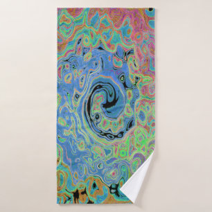 Watercolor Blue Groovy Abstract Retro Liquid Swirl Bath Towel
