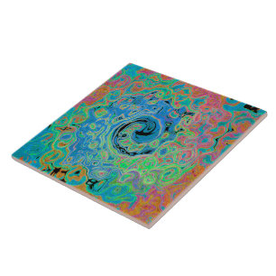 Watercolor Blue Groovy Abstract Retro Liquid Swirl Ceramic Tile