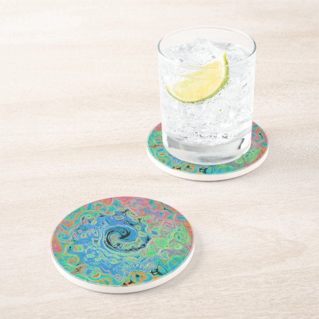 Watercolor Blue Groovy Abstract Retro Liquid Swirl Coaster (Side)