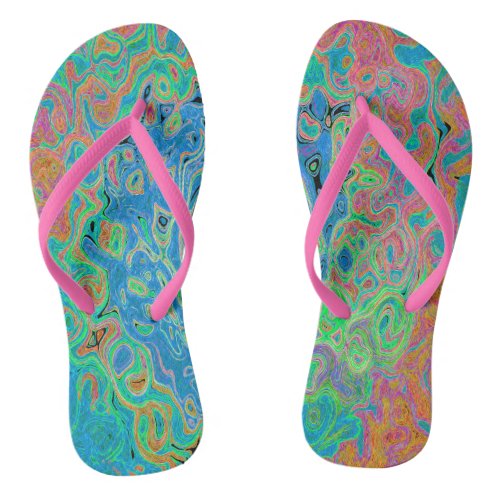 Watercolor Blue Groovy Abstract Retro Liquid Swirl Flip Flops