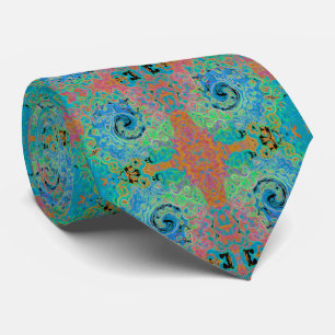 Watercolor Blue Groovy Abstract Retro Liquid Swirl Neck Tie