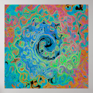 Watercolor Blue Groovy Abstract Retro Liquid Swirl Poster
