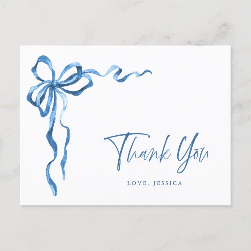 Watercolor Blue Hand Drawn Bow Thank You Postcard