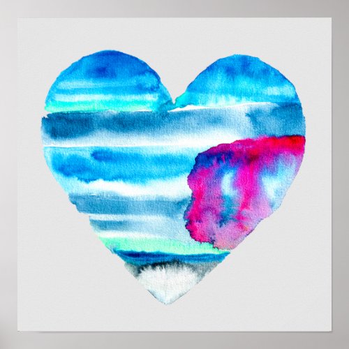 Watercolor blue heart cute heart poster