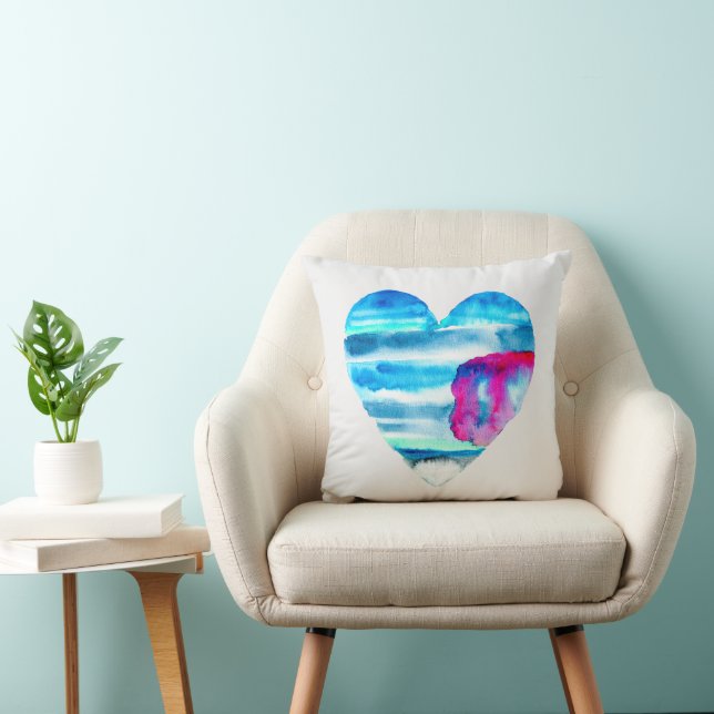 Watercolor blue heart cute heart throw pillow (Chair)