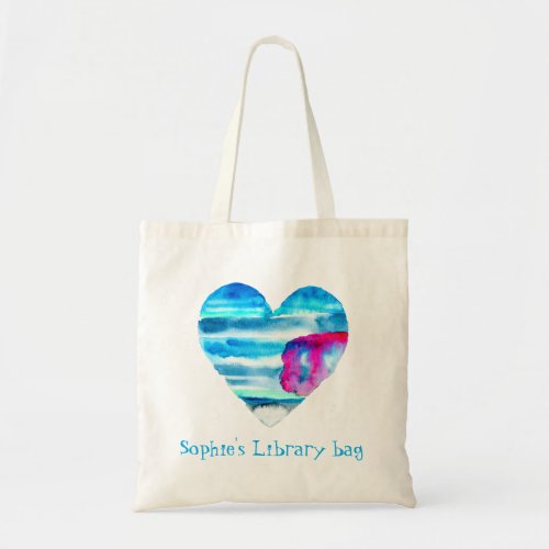 Watercolor blue heart library name tote bag