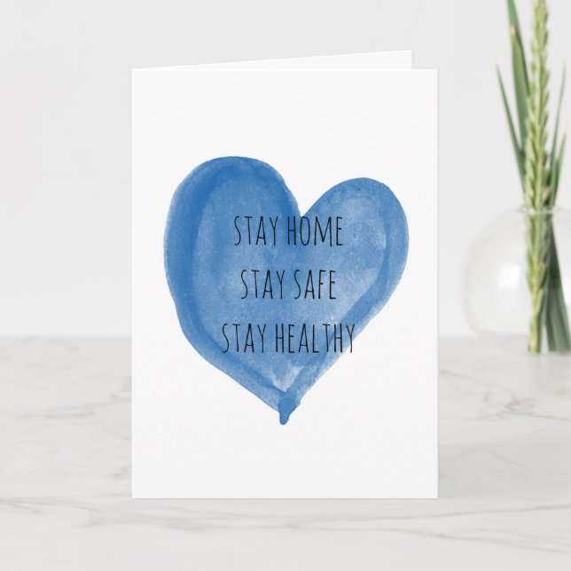 Watercolor Blue Heart Stay Home Stay Safe Card (Front)