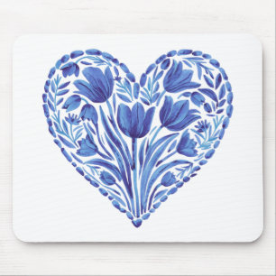 Watercolor Blue Heart Tulips On White Mouse Pad