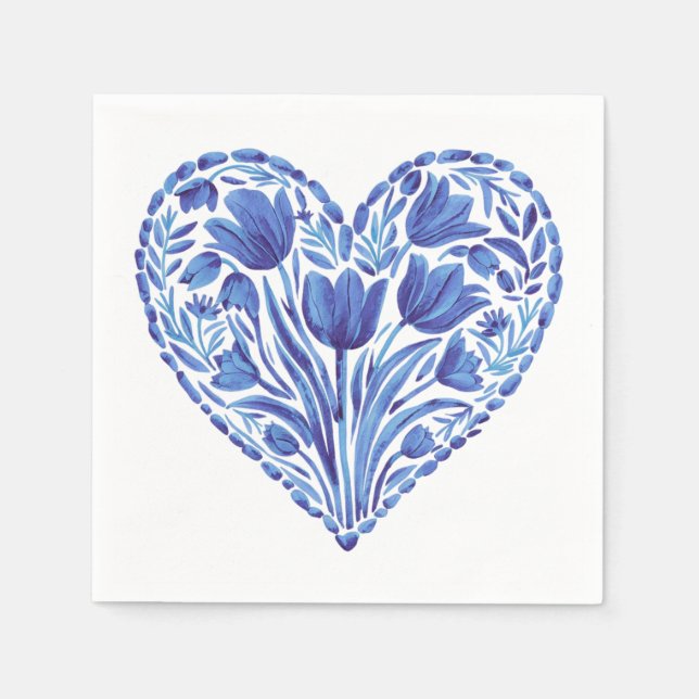 Watercolor Blue Heart Tulips On White Napkins (Front)
