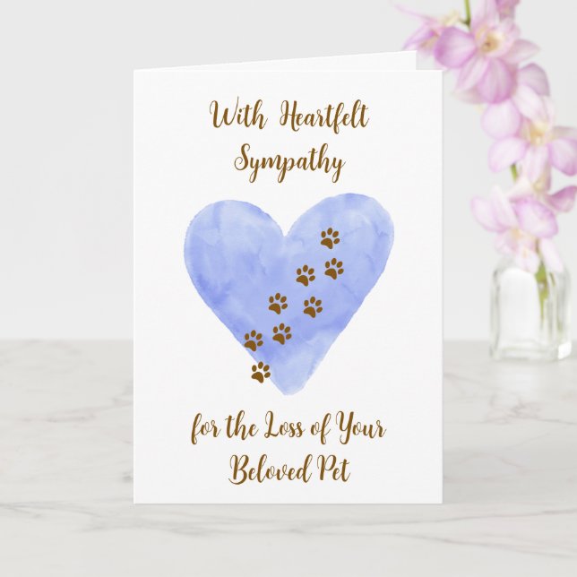 Watercolor Blue Heart with Pet Paws Sympathy Card (Orchid)