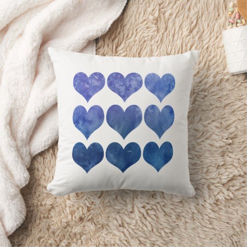 Watercolor Blue Hearts Pattern  Throw Pillow