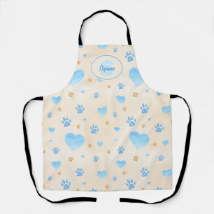 Watercolor Blue Hearts & Paw Prints Pattern Apron