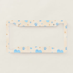 Watercolor Blue Hearts & Paw Prints Pattern License Plate Frame