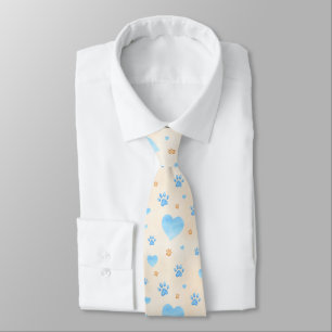 Watercolor Blue Hearts & Paw Prints Pattern Neck Tie