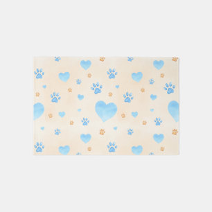 Watercolor Blue Hearts & Paw Prints Pattern Outdoor Rug