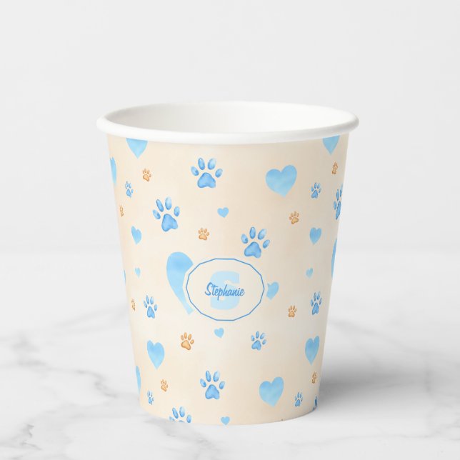 Watercolor Blue Hearts & Paw Prints Pattern Paper Cups (Front)