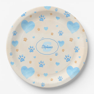 Watercolor Blue Hearts & Paw Prints Pattern Paper Plates