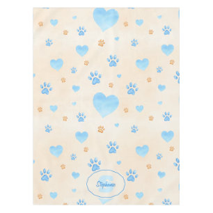 Watercolor Blue Hearts & Paw Prints Pattern Tablecloth