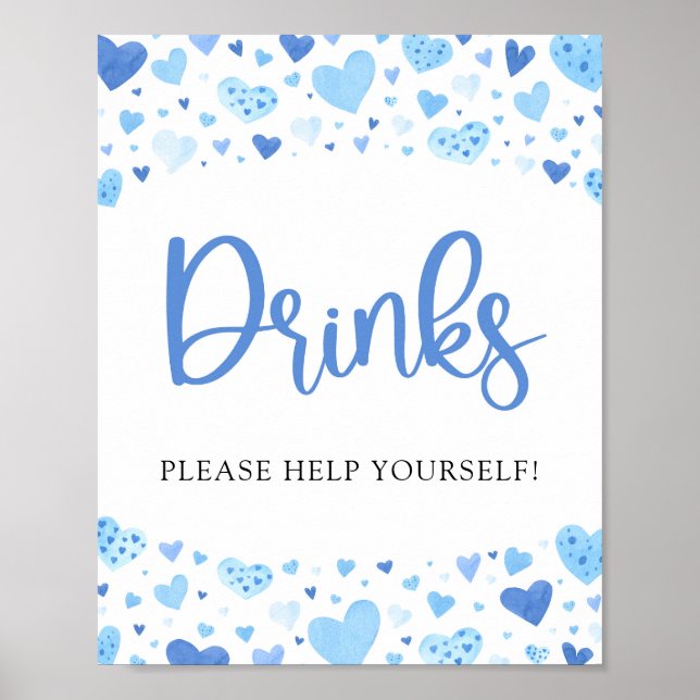 Watercolor Blue Hearts Valentine Drinks Sign (Front)