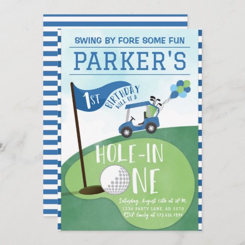 Watercolor Blue Hole In One Golf 1st Birthday Invitation
