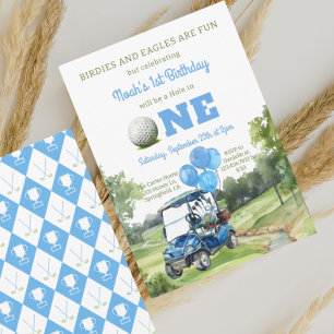 Watercolor Blue Hole in One Golf 1st Birthday Invitation