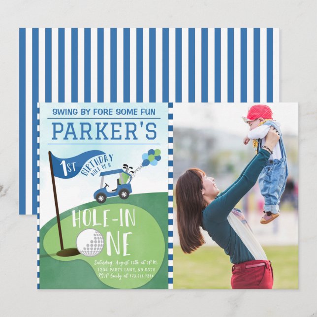 Watercolor Blue Hole In One Golf 1stBirthday Photo Invitation (Front/Back)