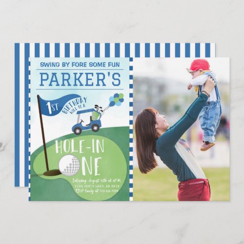 Watercolor Blue Hole In One Golf 1stBirthday Photo Invitation