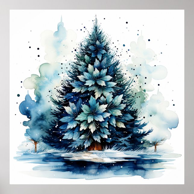 Watercolor Blue Holiday Christmas Tree Poster  (Front)