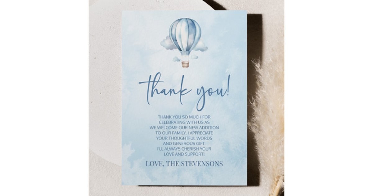 Watercolor Blue Hot Air Balloon Baby Shower Thank You Card | Zazzle