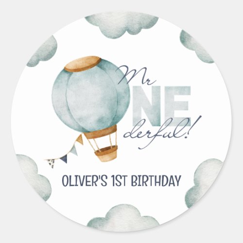 Watercolor Blue Hot Air Balloon Mr ONEderful Boy Classic Round Sticker