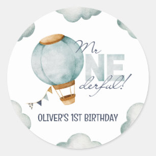 Watercolor Blue Hot Air Balloon Mr ONEderful Boy Classic Round Sticker