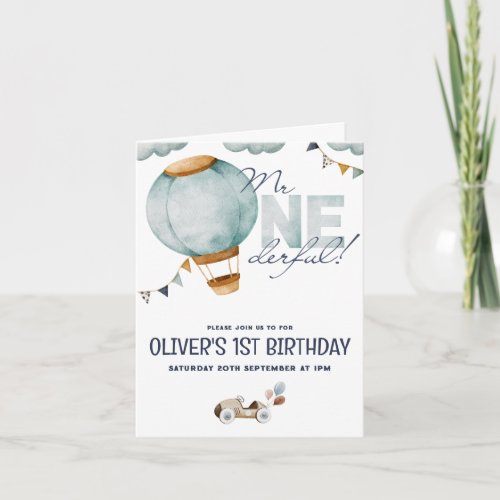 Watercolor Blue Hot Air Balloon Mr ONEderful Boy Invitation