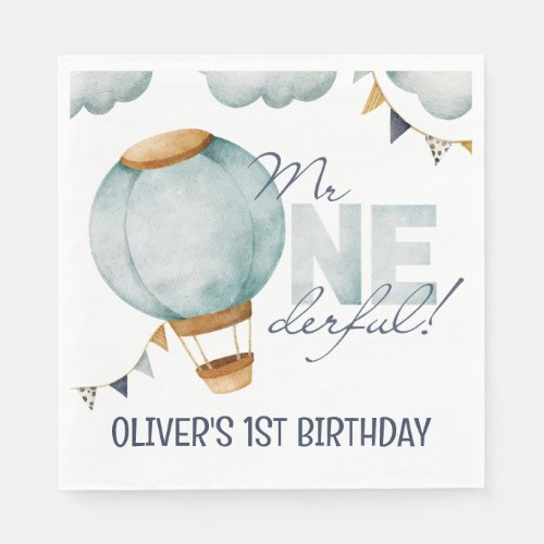 Watercolor Blue Hot Air Balloon Mr ONEderful Boy Napkins