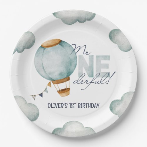 Watercolor Blue Hot Air Balloon Mr ONEderful Boy Paper Plates