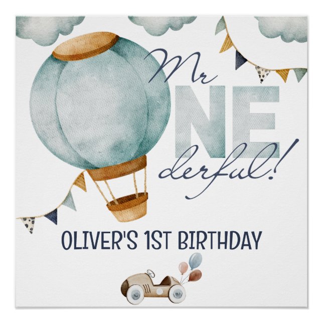 Watercolor Blue Hot Air Balloon Mr ONEderful Boy Poster (Front)