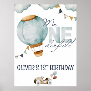 Watercolor Blue Hot Air Balloon Mr ONEderful Boy Poster