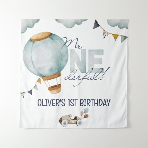 Watercolor Blue Hot Air Balloon Mr ONEderful Boy Tapestry